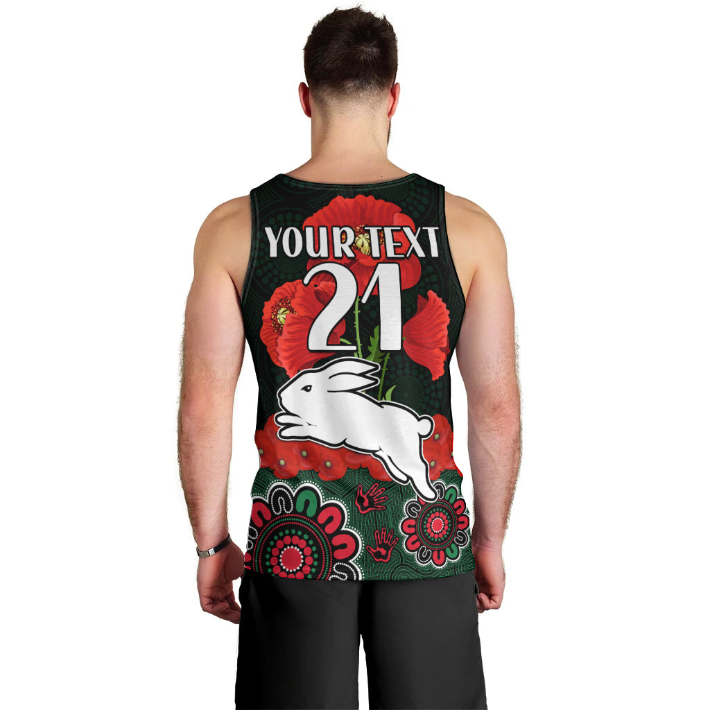 (Custom Text And Number) ANZAC 2023 NRL Rabbitohs Rugby Men Tank Top The Bunnies 1908 Poppy Flowers Mixed Aboriginal - Vibe Hoodie Shop