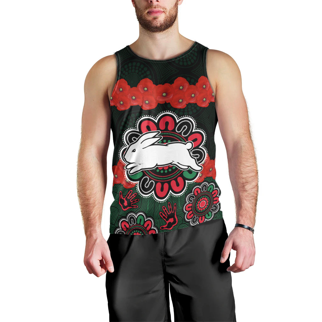 (Custom Text And Number) ANZAC 2023 NRL Rabbitohs Rugby Men Tank Top The Bunnies 1908 Poppy Flowers Mixed Aboriginal - Vibe Hoodie Shop