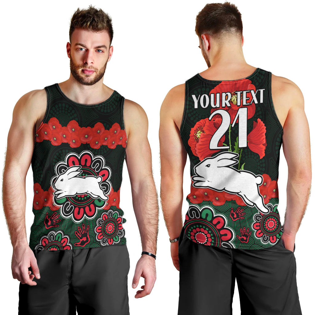(Custom Text And Number) ANZAC 2023 NRL Rabbitohs Rugby Men Tank Top The Bunnies 1908 Poppy Flowers Mixed Aboriginal - Vibe Hoodie Shop