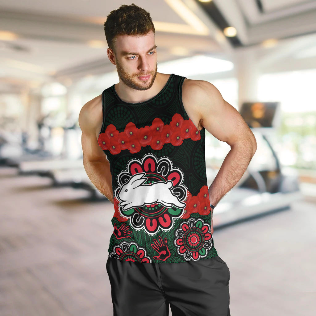 (Custom Text And Number) ANZAC 2023 NRL Rabbitohs Rugby Men Tank Top The Bunnies 1908 Poppy Flowers Mixed Aboriginal - Vibe Hoodie Shop