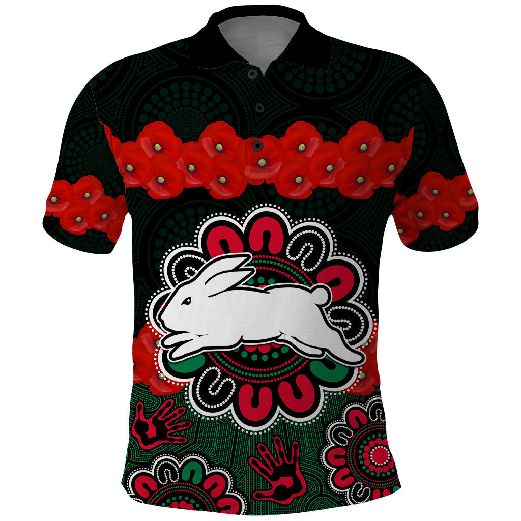 (Custom Text And Number) ANZAC 2023 NRL Rabbitohs Rugby Polo Shirt The Bunnies 1908 Poppy Flowers Mixed Aboriginal LT9 - Vibe Hoodie Shop