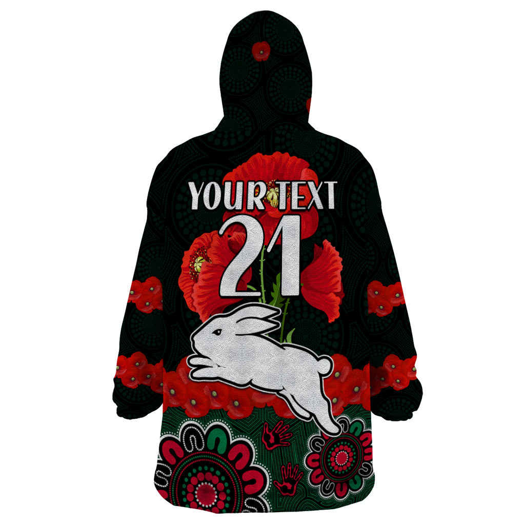 (Custom Text And Number) ANZAC 2023 NRL Rabbitohs Rugby Wearable Blanket Hoodie The Bunnies 1908 Poppy Flowers Mixed Aboriginal - Vibe Hoodie Shop