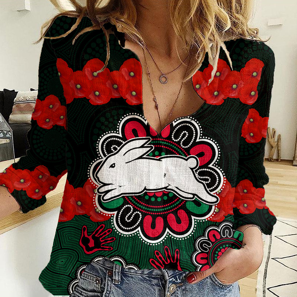 (Custom Text And Number) ANZAC 2023 NRL Rabbitohs Rugby Women Casual Shirt The Bunnies 1908 Poppy Flowers Mixed Aboriginal - Vibe Hoodie Shop