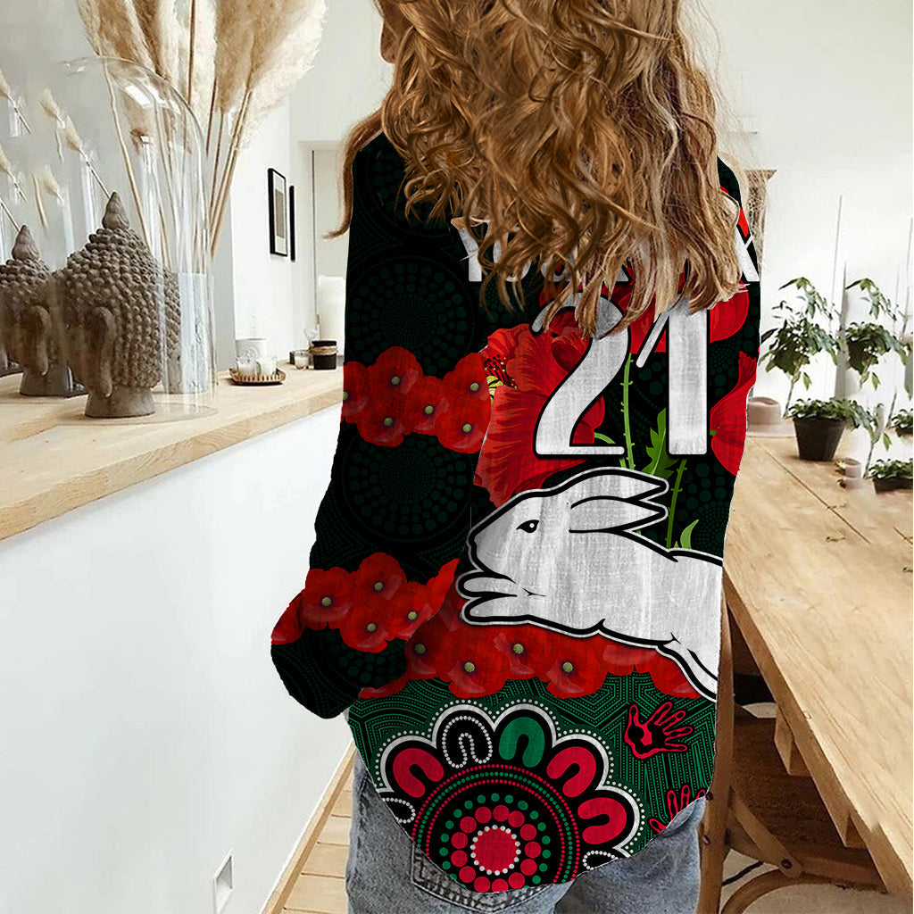 (Custom Text And Number) ANZAC 2023 NRL Rabbitohs Rugby Women Casual Shirt The Bunnies 1908 Poppy Flowers Mixed Aboriginal - Vibe Hoodie Shop