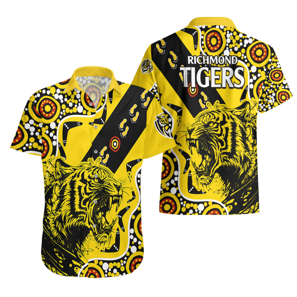 Richmond Tigers Football Hawaiian Shirt Angry Tiger Roaring Aboriginal Boomerang and Dots Art - Vibe Hoodie Shop