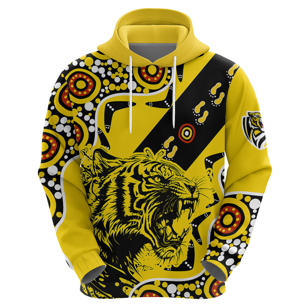 Richmond Tigers Football Hoodie Angry Tiger Roaring Aboriginal Boomerang and Dots Art LT9 - Vibe Hoodie Shop