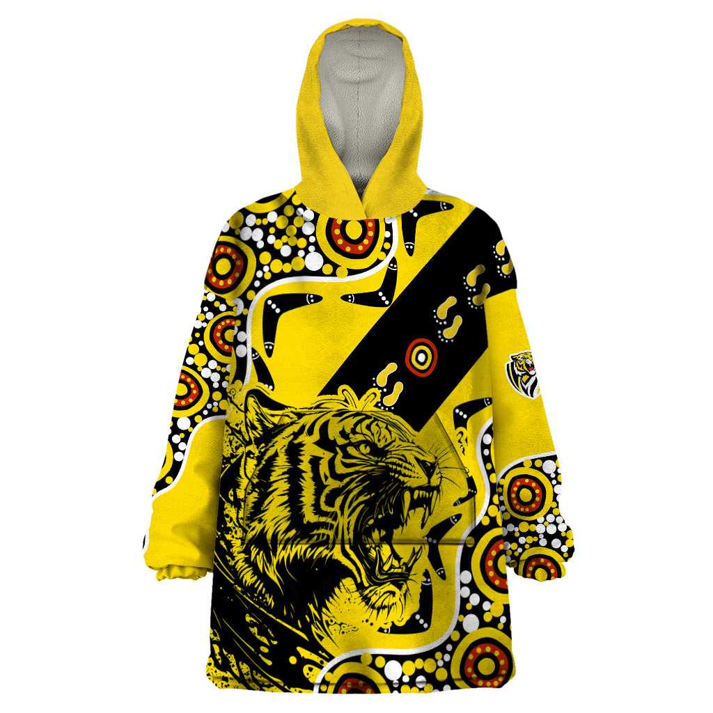 Richmond Tigers Football Wearable Blanket Hoodie Angry Tiger Roaring Aboriginal Boomerang and Dots Art - Vibe Hoodie Shop