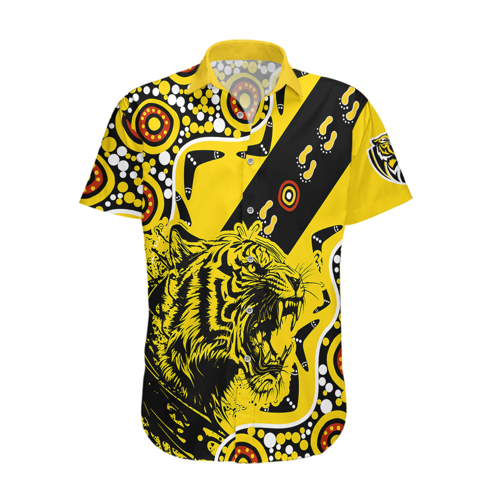 (Custom Text And Number) Richmond Tigers Football Hawaiian Shirt Angry Tiger Roaring Aboriginal Boomerang and Dots Art - Vibe Hoodie Shop