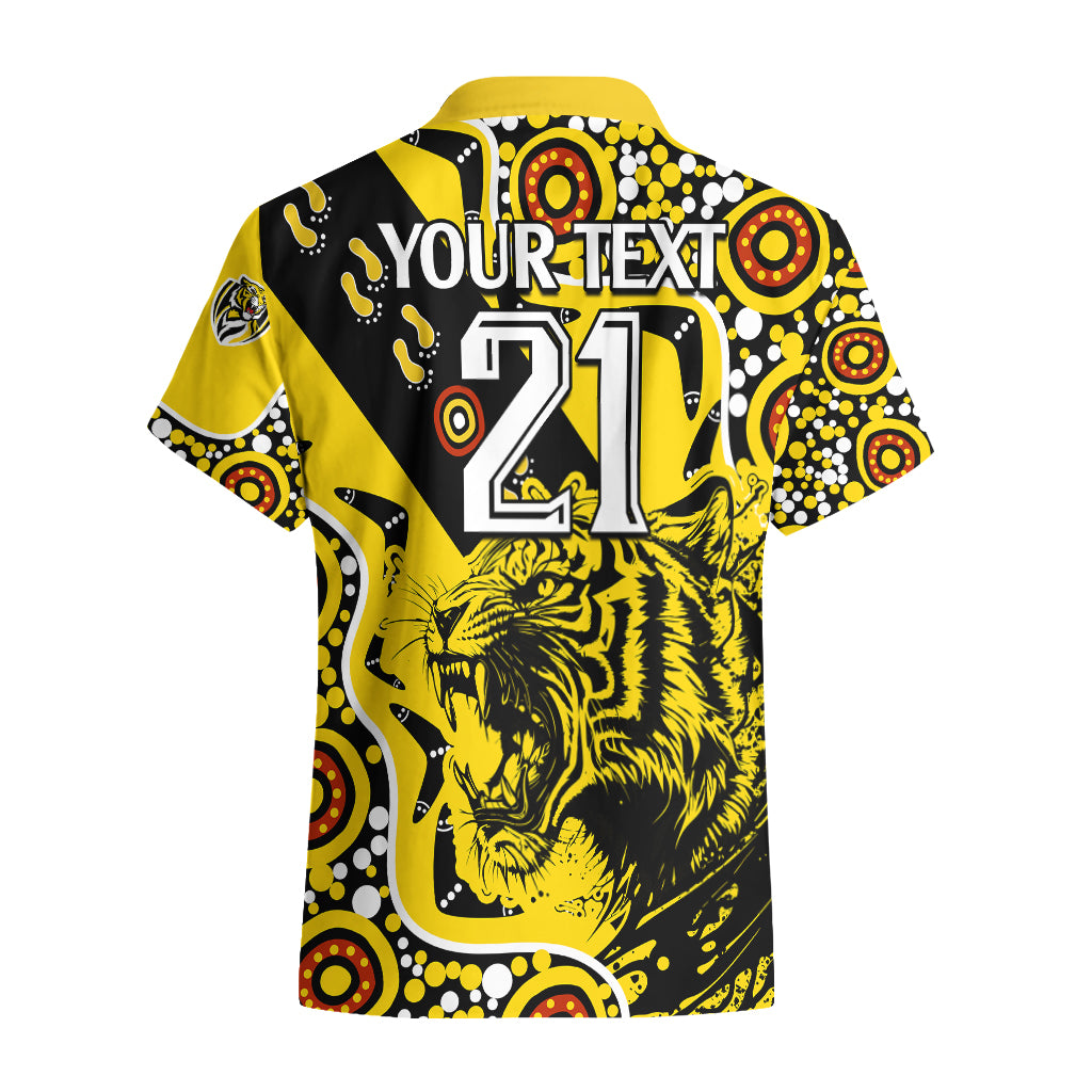 (Custom Text And Number) Richmond Tigers Football Hawaiian Shirt Angry Tiger Roaring Aboriginal Boomerang and Dots Art - Vibe Hoodie Shop
