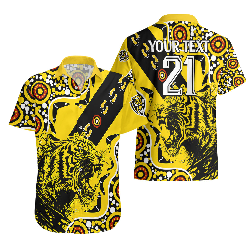 (Custom Text And Number) Richmond Tigers Football Hawaiian Shirt Angry Tiger Roaring Aboriginal Boomerang and Dots Art - Vibe Hoodie Shop