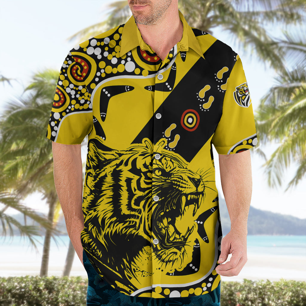 (Custom Text And Number) Richmond Tigers Football Hawaiian Shirt Angry Tiger Roaring Aboriginal Boomerang and Dots Art - Vibe Hoodie Shop