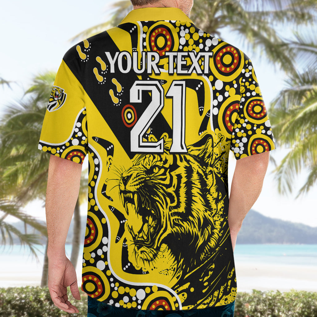 (Custom Text And Number) Richmond Tigers Football Hawaiian Shirt Angry Tiger Roaring Aboriginal Boomerang and Dots Art - Vibe Hoodie Shop