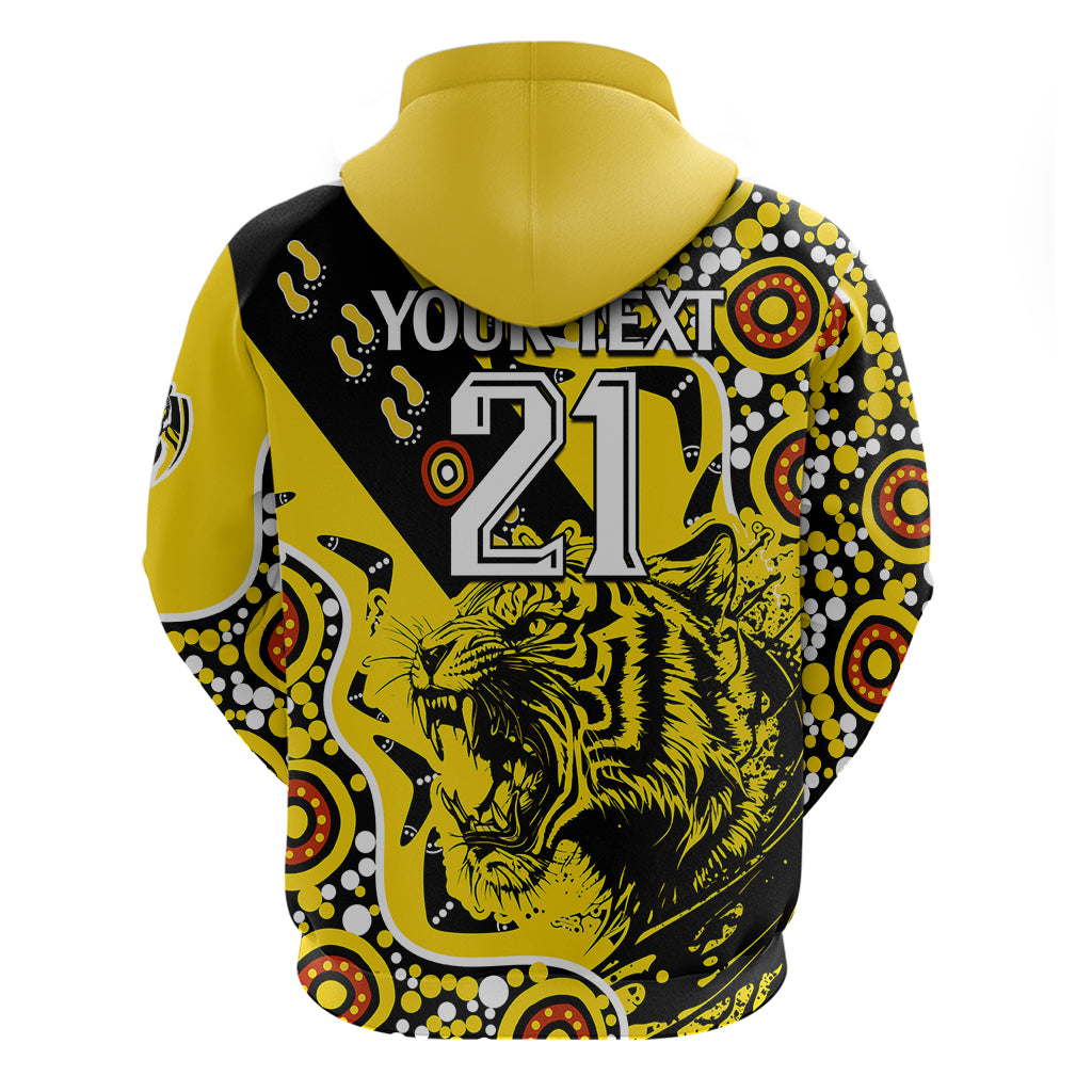(Custom Text And Number) Richmond Tigers Football Hoodie Angry Tiger Roaring Aboriginal Boomerang and Dots Art LT9 - Vibe Hoodie Shop