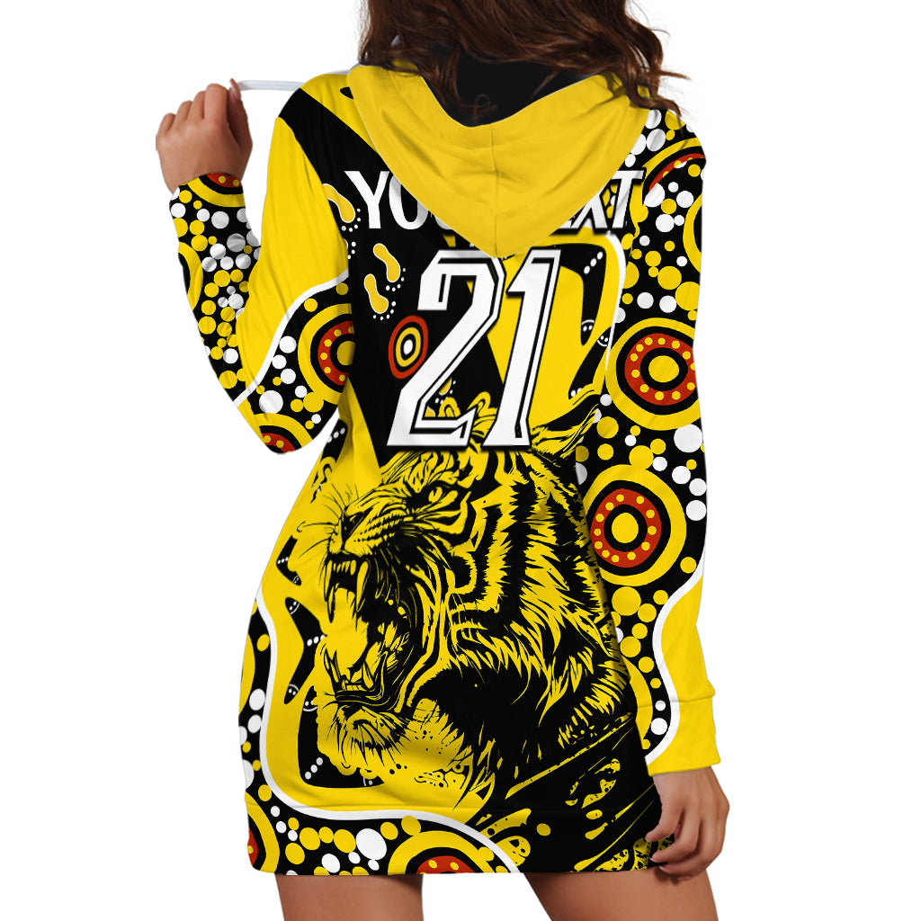 (Custom Text And Number) Richmond Tigers Football Hoodie Dress Angry Tiger Roaring Aboriginal Boomerang and Dots Art - Vibe Hoodie Shop