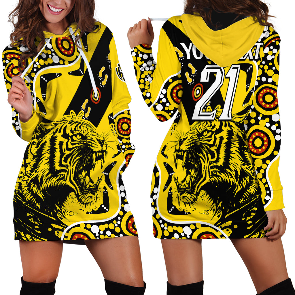 (Custom Text And Number) Richmond Tigers Football Hoodie Dress Angry Tiger Roaring Aboriginal Boomerang and Dots Art - Vibe Hoodie Shop