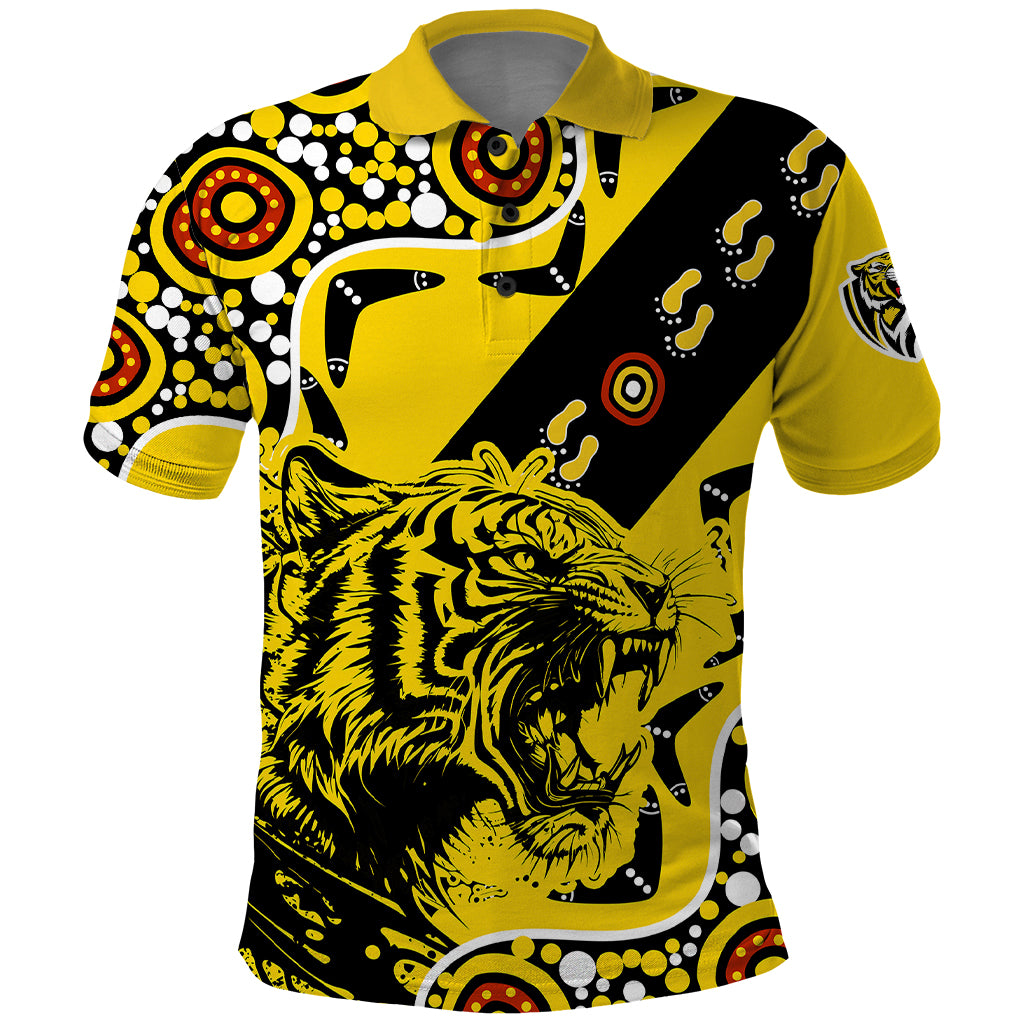 (Custom Text And Number) Richmond Tigers Football Polo Shirt Angry Tiger Roaring Aboriginal Boomerang and Dots Art LT9 - Vibe Hoodie Shop