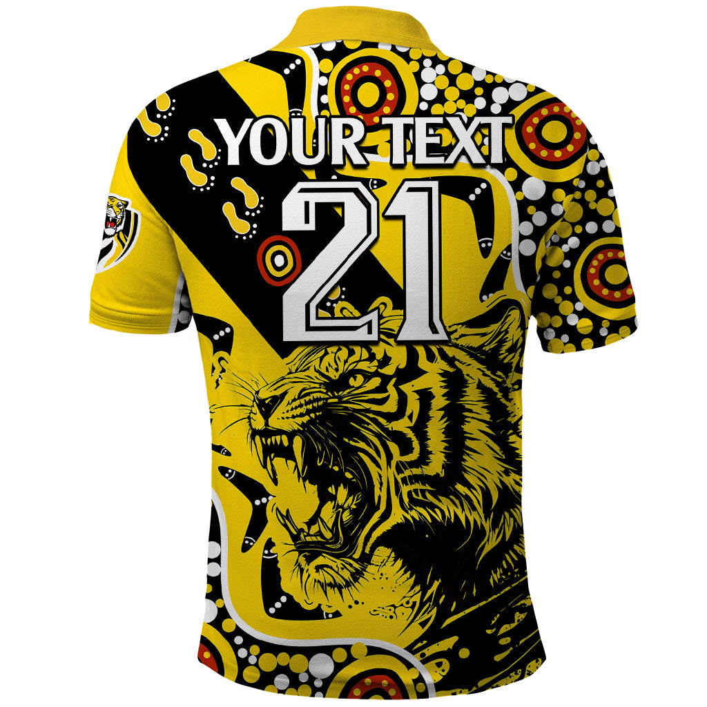 (Custom Text And Number) Richmond Tigers Football Polo Shirt Angry Tiger Roaring Aboriginal Boomerang and Dots Art LT9 - Vibe Hoodie Shop