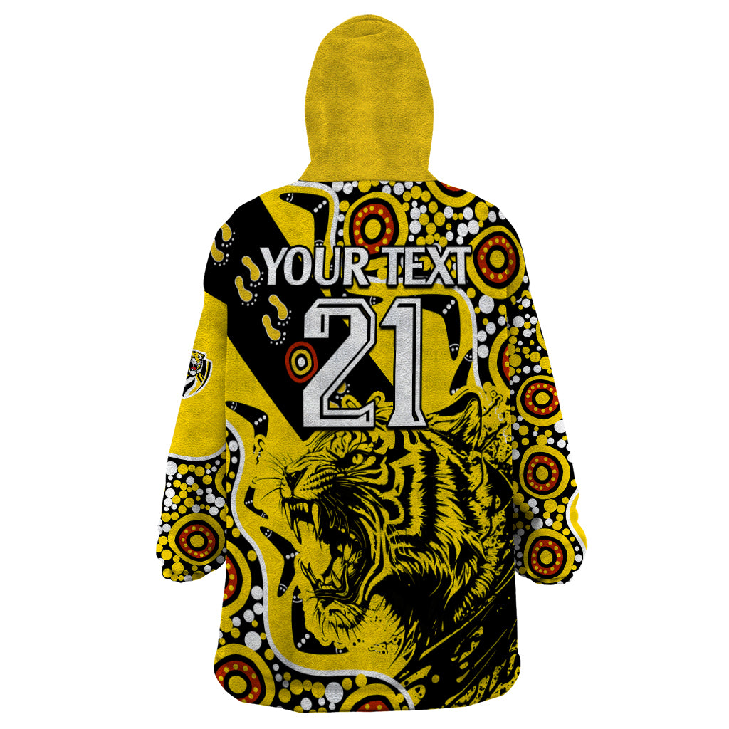 (Custom Text And Number) Richmond Tigers Football Wearable Blanket Hoodie Angry Tiger Roaring Aboriginal Boomerang and Dots Art - Vibe Hoodie Shop