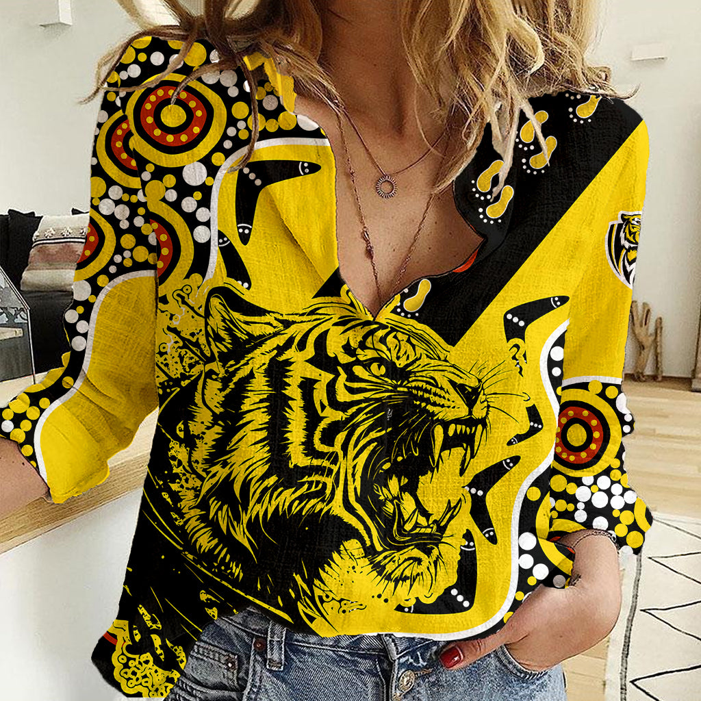 (Custom Text And Number) Richmond Tigers Football Women Casual Shirt Angry Tiger Roaring Aboriginal Boomerang and Dots Art - Vibe Hoodie Shop