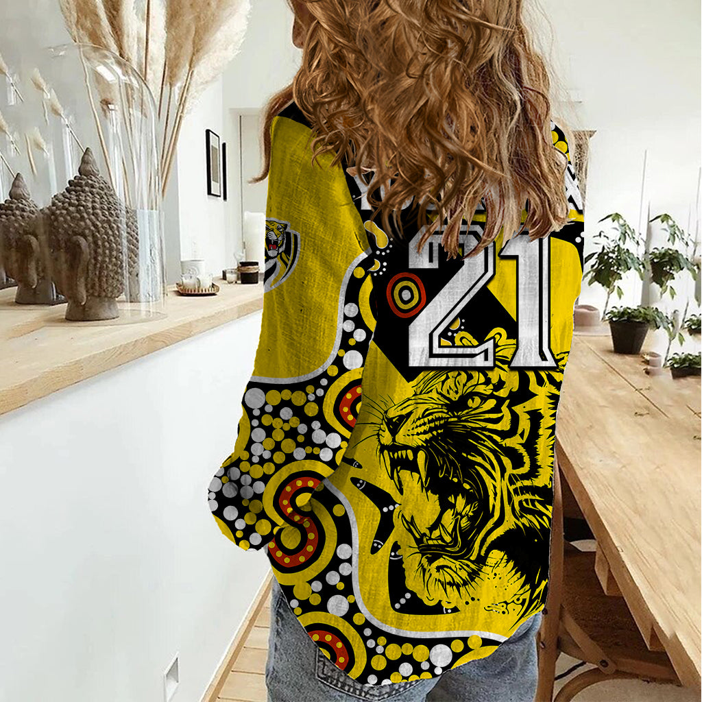 (Custom Text And Number) Richmond Tigers Football Women Casual Shirt Angry Tiger Roaring Aboriginal Boomerang and Dots Art - Vibe Hoodie Shop
