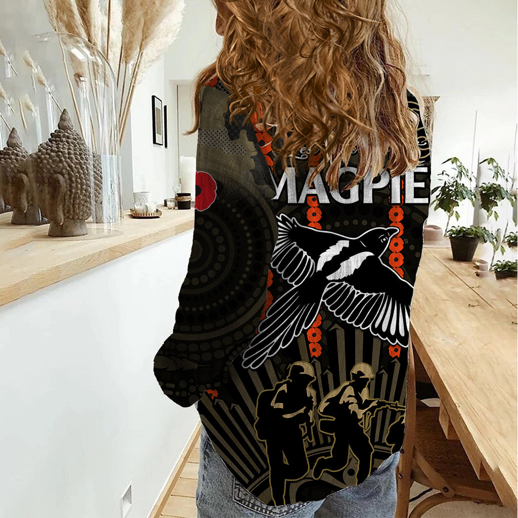 ANZAC Collingwood Football Women Casual Shirt Proud To Be Magpies Poppy Flowers and Aboriginal Version - Vibe Hoodie Shop