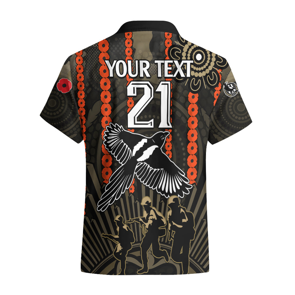 (Custom Text And Number) ANZAC Collingwood Football Hawaiian Shirt Proud To Be Magpies Poppy Flowers and Aboriginal Version - Vibe Hoodie Shop