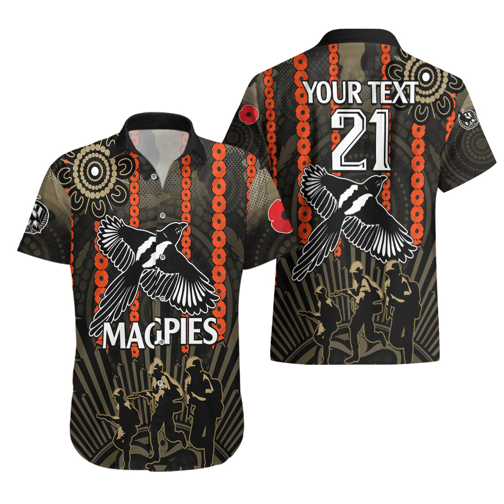 (Custom Text And Number) ANZAC Collingwood Football Hawaiian Shirt Proud To Be Magpies Poppy Flowers and Aboriginal Version - Vibe Hoodie Shop