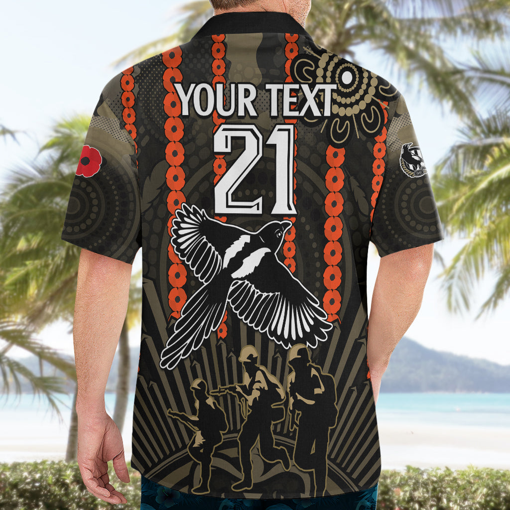 (Custom Text And Number) ANZAC Collingwood Football Hawaiian Shirt Proud To Be Magpies Poppy Flowers and Aboriginal Version - Vibe Hoodie Shop