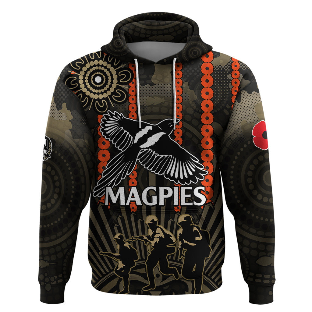 (Custom Text And Number) ANZAC Collingwood Football Hoodie Proud To Be Magpies Poppy Flowers and Aboriginal Version LT9 - Vibe Hoodie Shop
