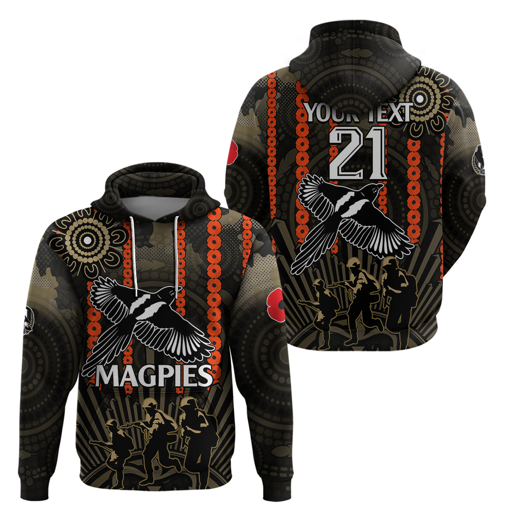 (Custom Text And Number) ANZAC Collingwood Football Hoodie Proud To Be Magpies Poppy Flowers and Aboriginal Version LT9 - Vibe Hoodie Shop