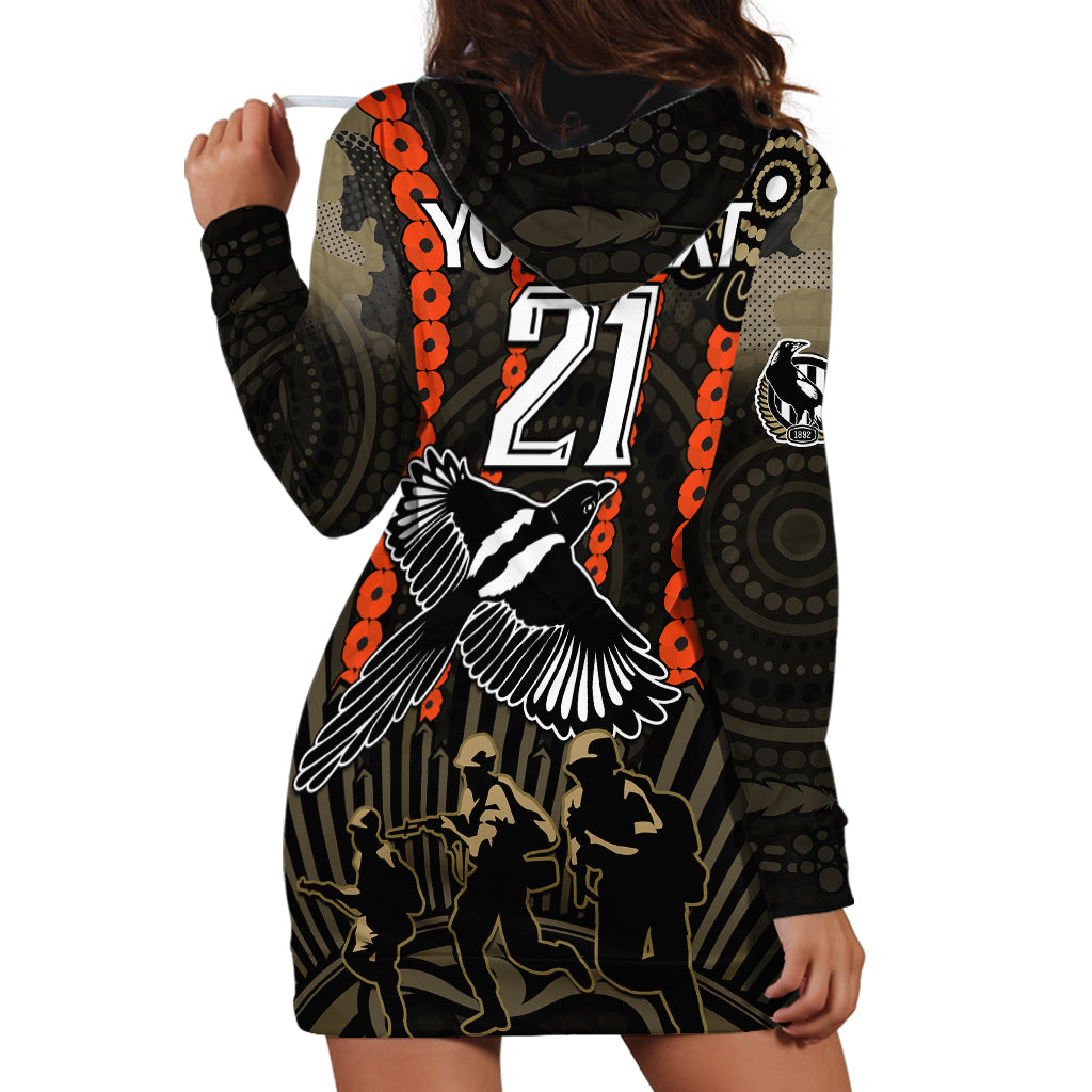 (Custom Text And Number) ANZAC Collingwood Football Hoodie Dress Proud To Be Magpies Poppy Flowers and Aboriginal Version - Vibe Hoodie Shop