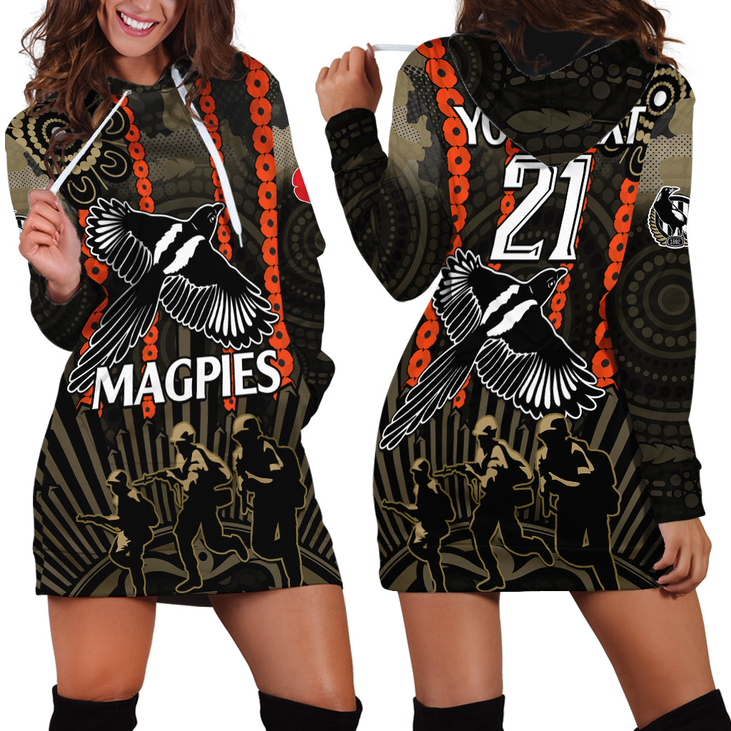 (Custom Text And Number) ANZAC Collingwood Football Hoodie Dress Proud To Be Magpies Poppy Flowers and Aboriginal Version - Vibe Hoodie Shop