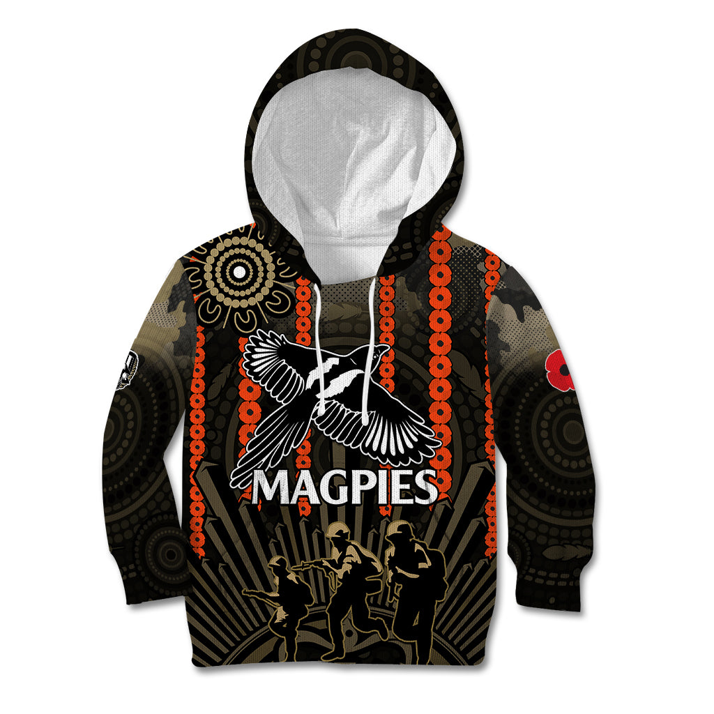 (Custom Text And Number) ANZAC Collingwood Football Kid Hoodie Proud To Be Magpies Poppy Flowers and Aboriginal Version - Vibe Hoodie Shop