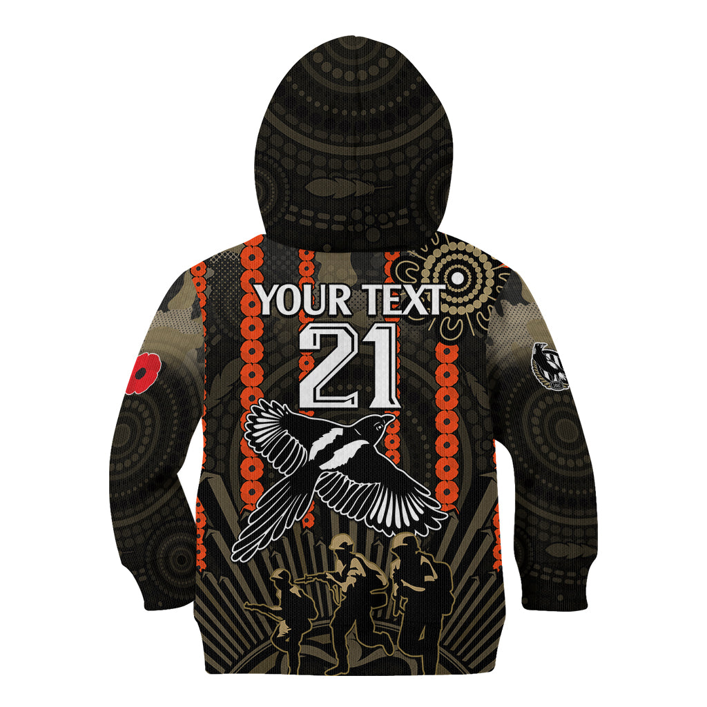 (Custom Text And Number) ANZAC Collingwood Football Kid Hoodie Proud To Be Magpies Poppy Flowers and Aboriginal Version - Vibe Hoodie Shop