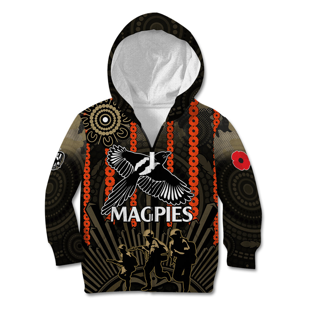 (Custom Text And Number) ANZAC Collingwood Football Kid Hoodie Proud To Be Magpies Poppy Flowers and Aboriginal Version - Vibe Hoodie Shop