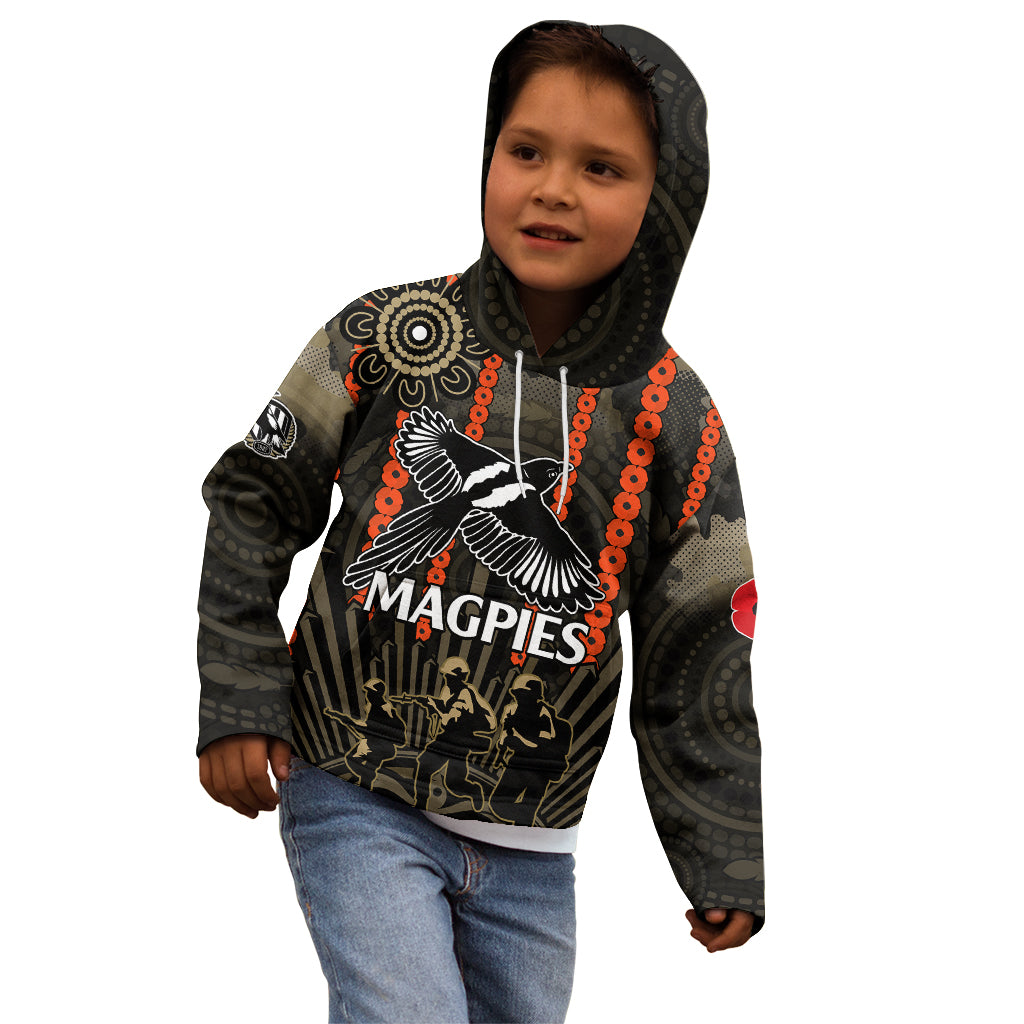 (Custom Text And Number) ANZAC Collingwood Football Kid Hoodie Proud To Be Magpies Poppy Flowers and Aboriginal Version - Vibe Hoodie Shop