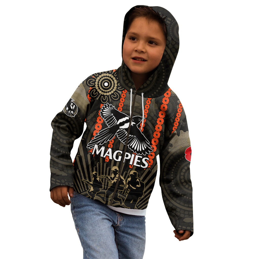 (Custom Text And Number) ANZAC Collingwood Football Kid Hoodie Proud To Be Magpies Poppy Flowers and Aboriginal Version - Vibe Hoodie Shop