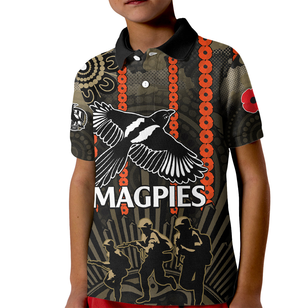 (Custom Text And Number) ANZAC Collingwood Football Kid Polo Shirt Proud To Be Magpies Poppy Flowers and Aboriginal Version - Vibe Hoodie Shop