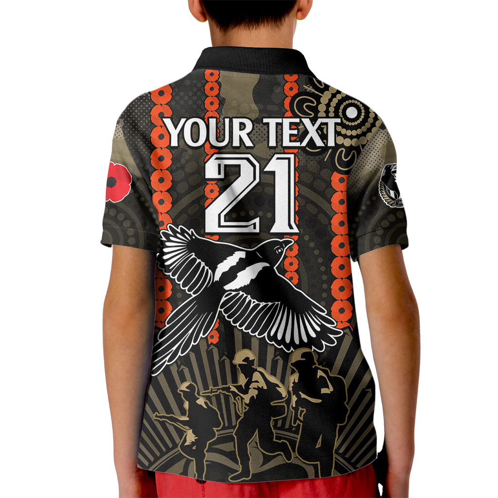 (Custom Text And Number) ANZAC Collingwood Football Kid Polo Shirt Proud To Be Magpies Poppy Flowers and Aboriginal Version - Vibe Hoodie Shop