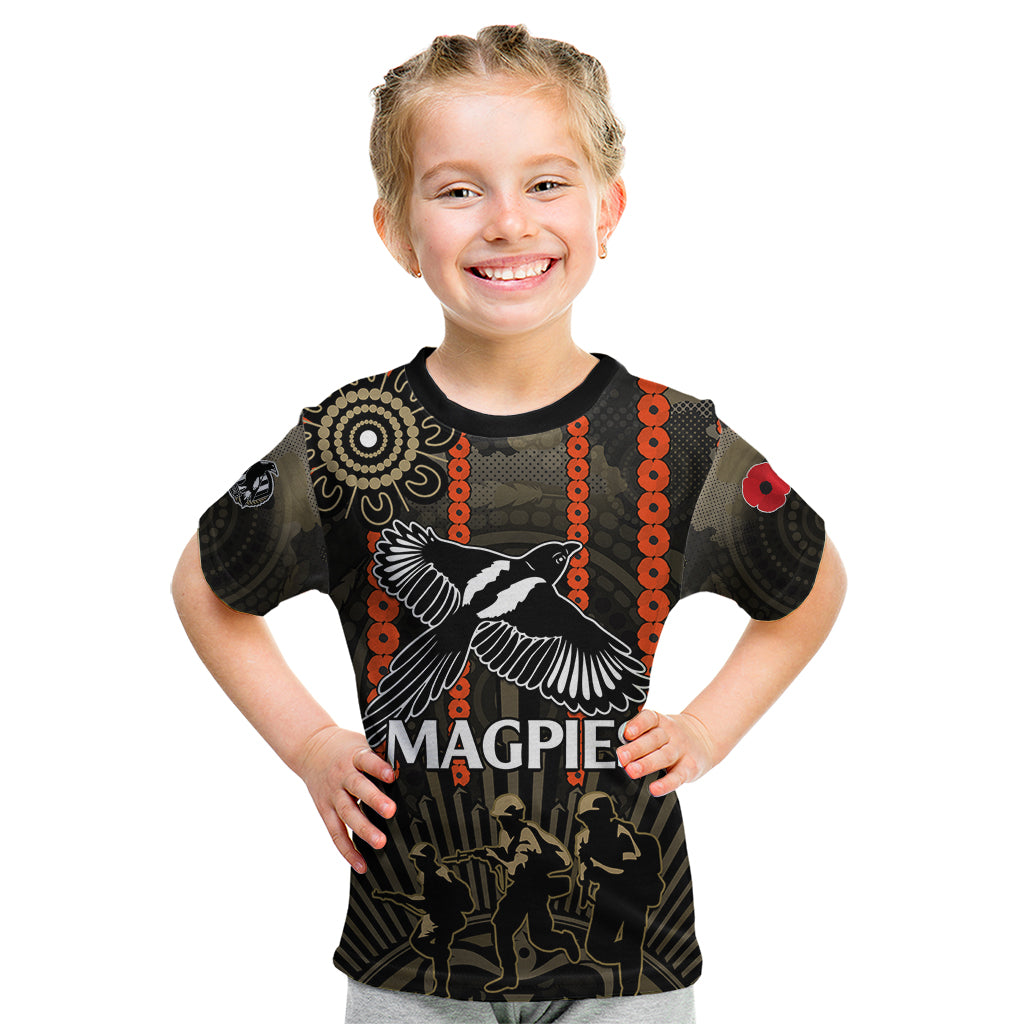 (Custom Text And Number) ANZAC Collingwood Football Kid T Shirt Proud To Be Magpies Poppy Flowers and Aboriginal Version - Vibe Hoodie Shop