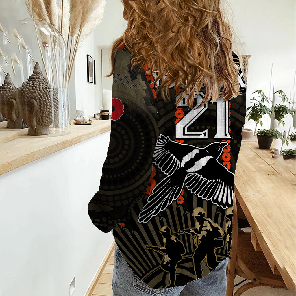 (Custom Text And Number) ANZAC Collingwood Football Women Casual Shirt Proud To Be Magpies Poppy Flowers and Aboriginal Version - Vibe Hoodie Shop