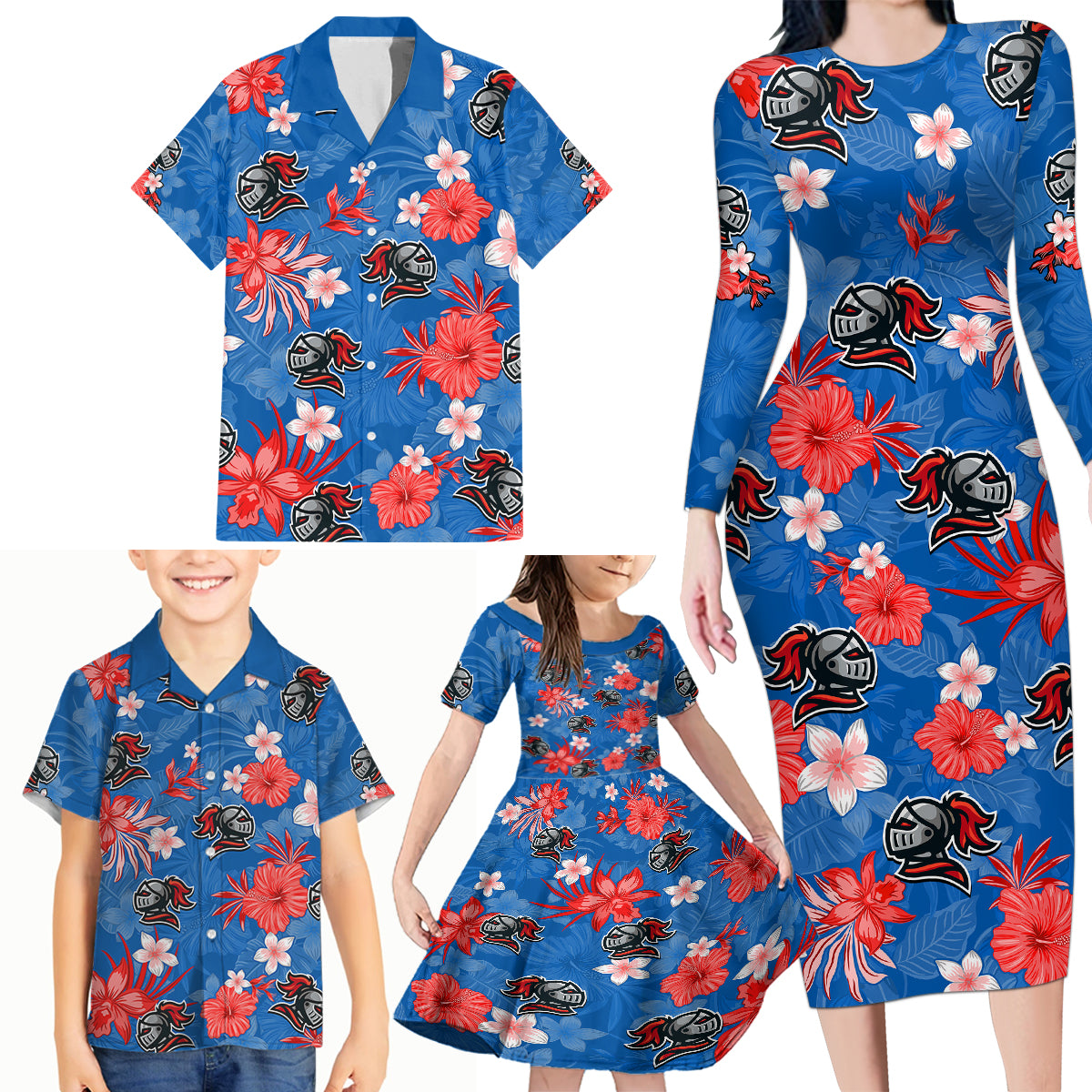 custom-knights-rugby-family-matching-long-sleeve-bodycon-dress-and-hawaiian-shirt-beautiful-floral-pattern-spring-summer-vibe