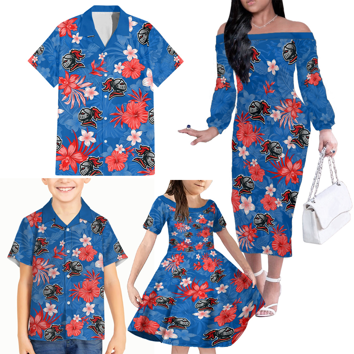 custom-knights-rugby-family-matching-off-shoulder-long-sleeve-dress-and-hawaiian-shirt-beautiful-floral-pattern-spring-summer-vibe