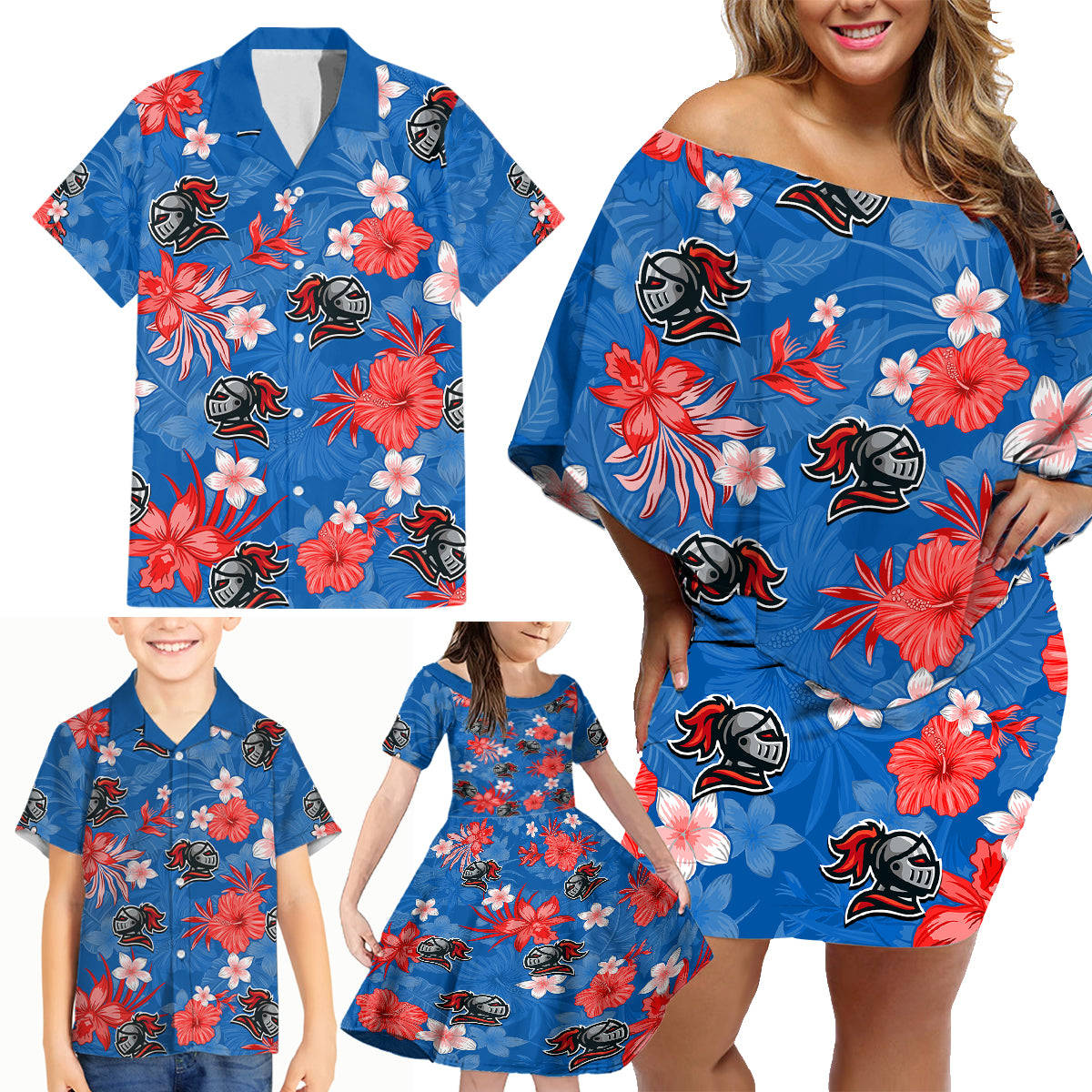 custom-knights-rugby-family-matching-off-shoulder-short-dress-and-hawaiian-shirt-beautiful-floral-pattern-spring-summer-vibe