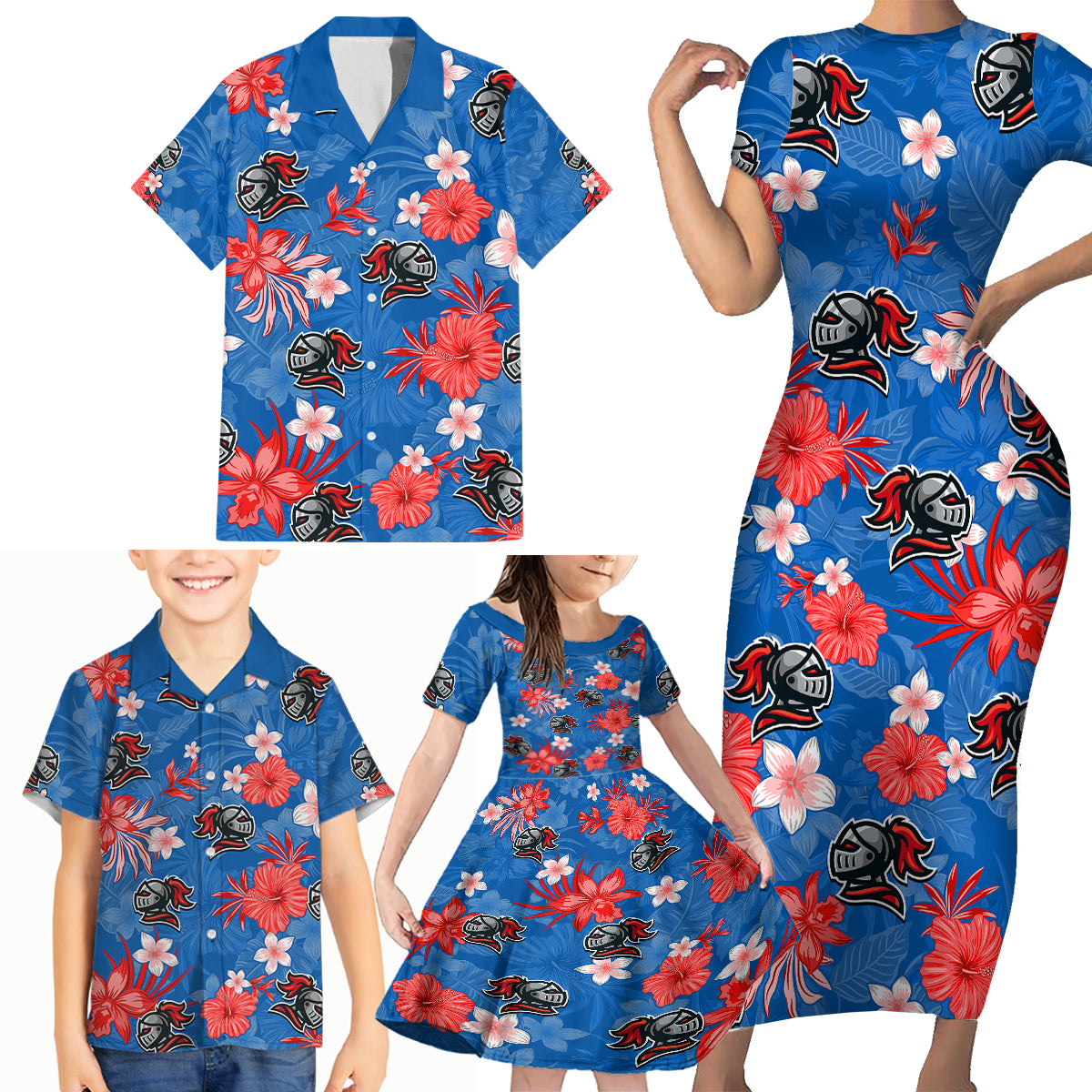 custom-knights-rugby-family-matching-short-sleeve-bodycon-dress-and-hawaiian-shirt-beautiful-floral-pattern-spring-summer-vibe