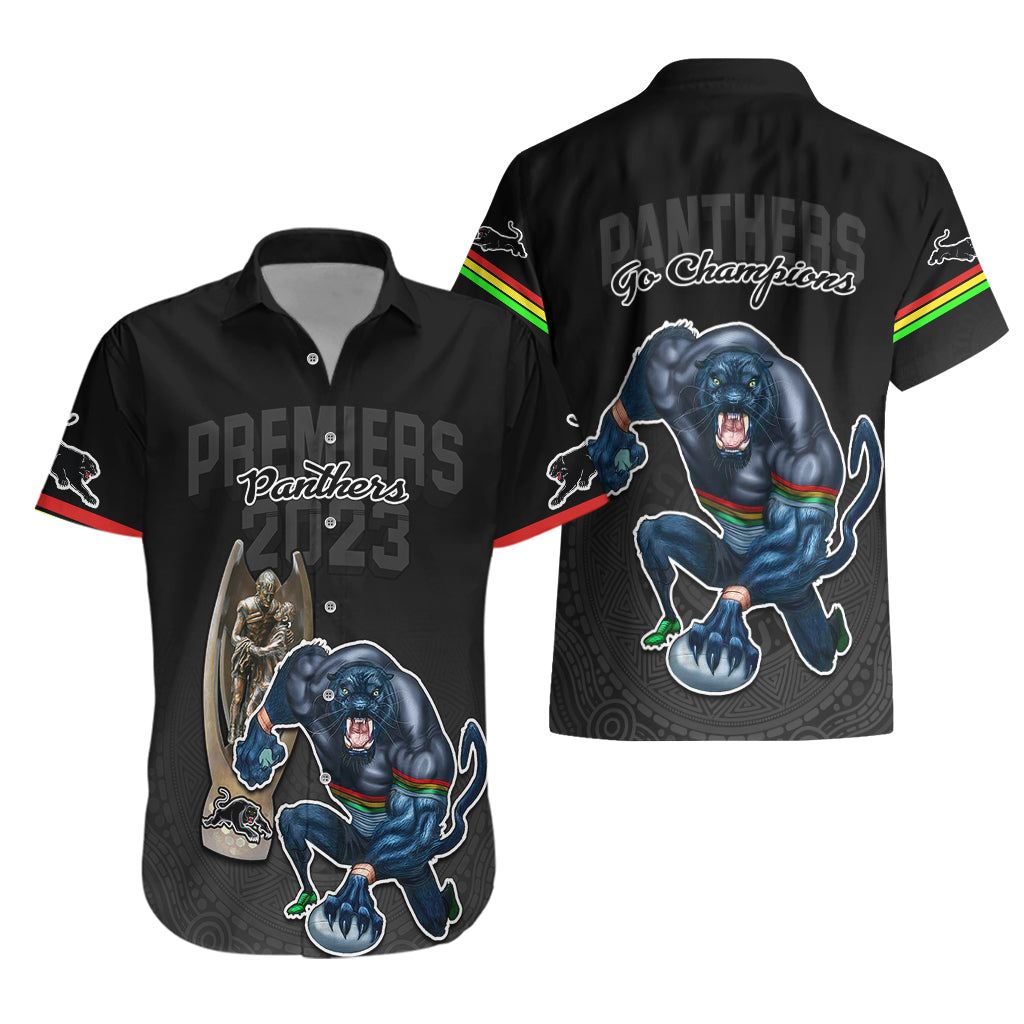 Panthers Premier 2023 Hawaiian Shirt Mascot with NRL Trophy Black Version - Vibe Hoodie Shop