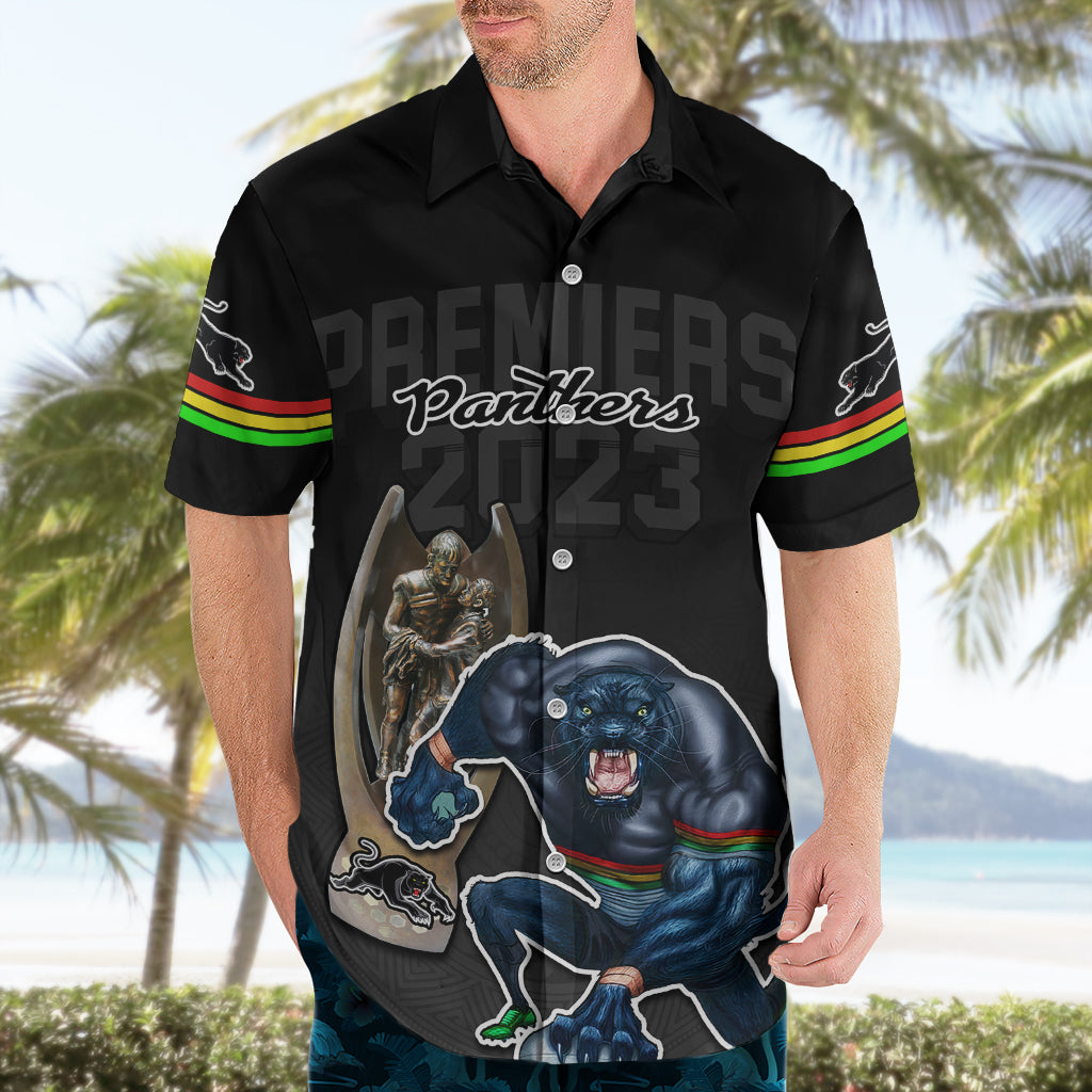 Panthers Premier 2023 Hawaiian Shirt Mascot with NRL Trophy Black Version - Vibe Hoodie Shop