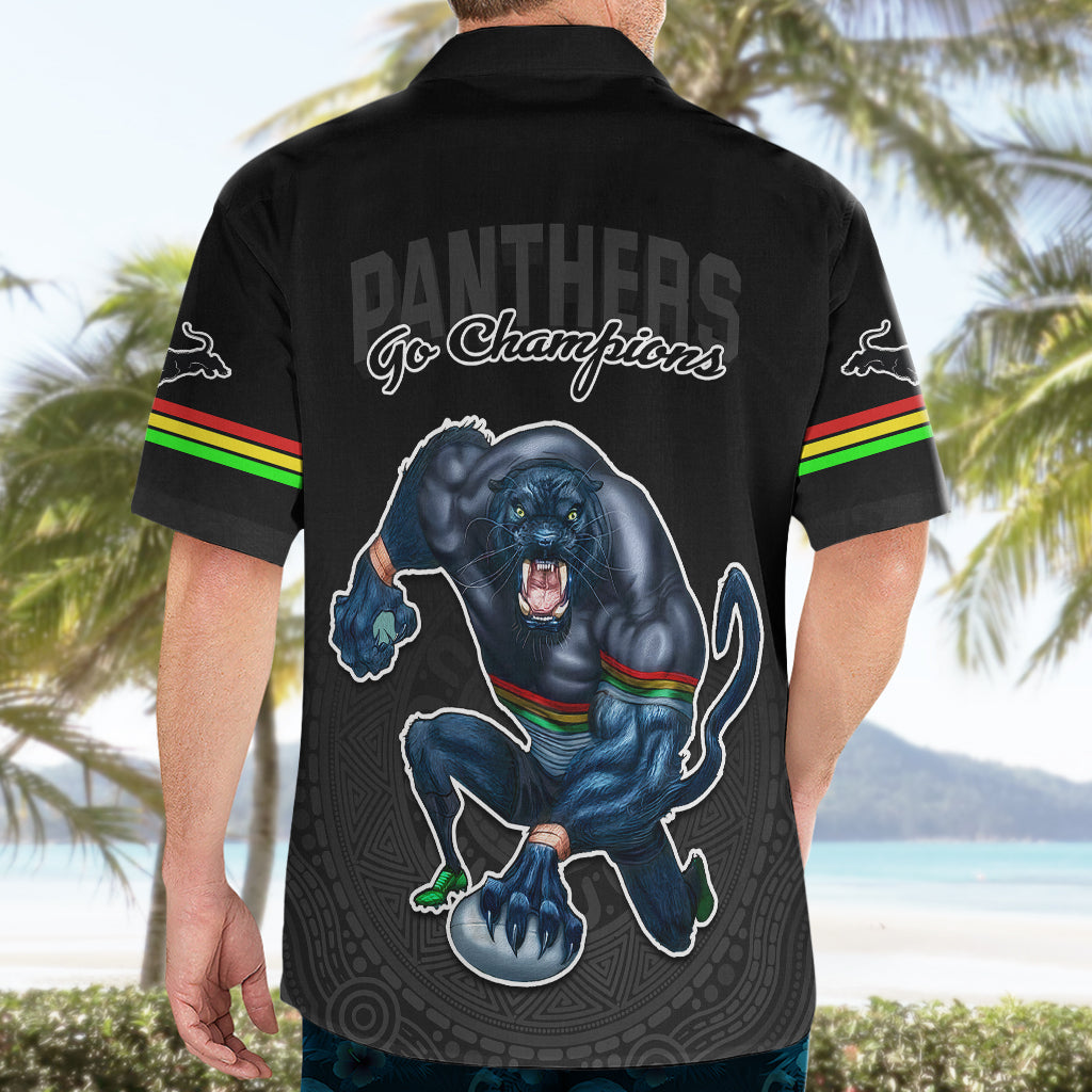 Panthers Premier 2023 Hawaiian Shirt Mascot with NRL Trophy Black Version - Vibe Hoodie Shop