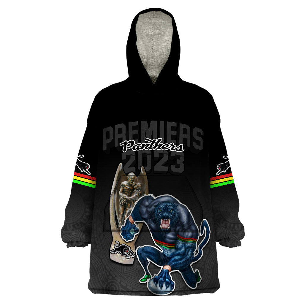 Panthers Premier 2023 Wearable Blanket Hoodie Mascot with NRL Trophy Black Version - Vibe Hoodie Shop