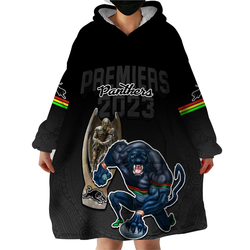 Panthers Premier 2023 Wearable Blanket Hoodie Mascot with NRL Trophy Black Version - Vibe Hoodie Shop